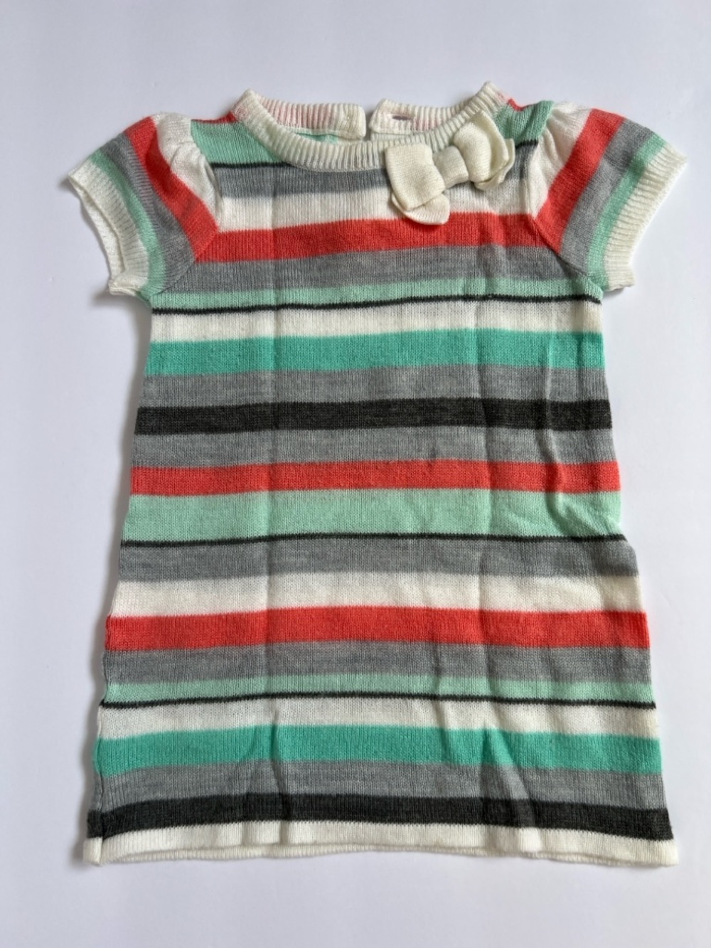 Multicoloured Striped Knit Bow-Accent Dress Baby Girl Overall